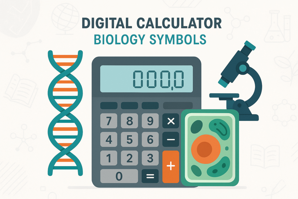 AP Bio Score Calculator infographic with calculator and biology symbols.