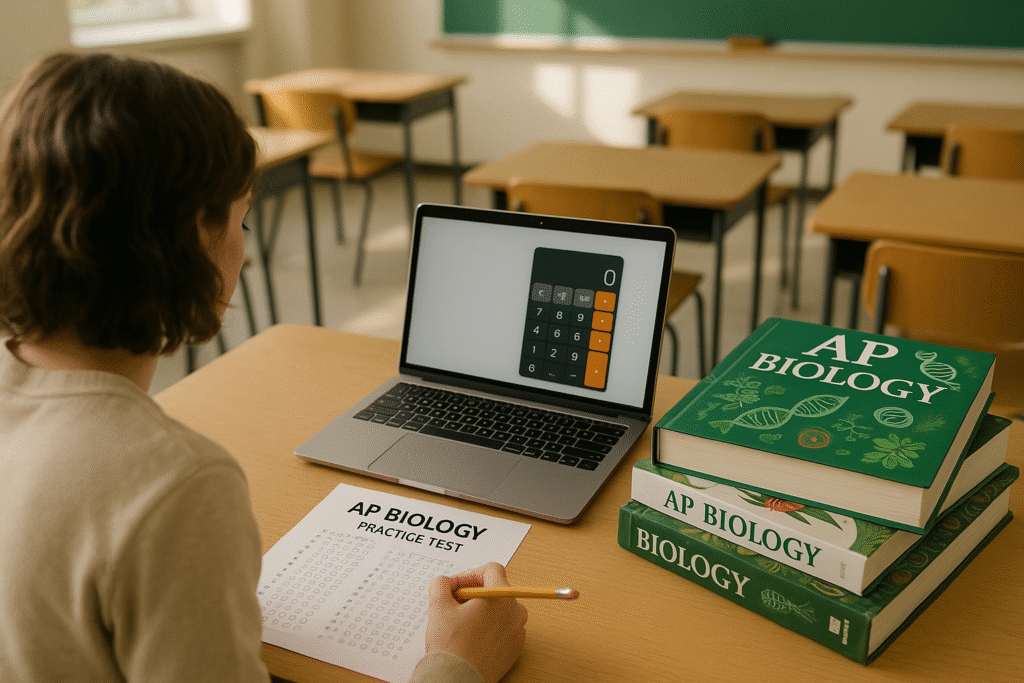 Student using AP Bio exam score calculator during practice test.